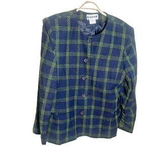 Vintage Joan Leslie Blazer Navy & Lime Green‎ Plaid Jacket Size 12 Clueless 90s